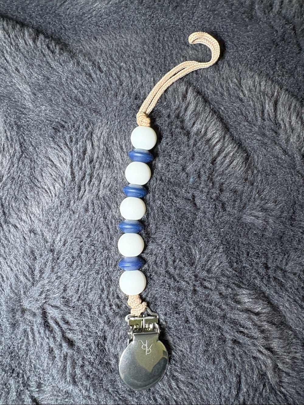 Beaded Pacifier Clip with Navy & White Beads and Silver Clip